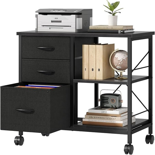 DUMOS 3-Tier Mobile File Cabinet, Printer Stand with Storage, Office Table with Drawers and Back Support Bar, Holds 110lbs for Home Office, Rustic Black