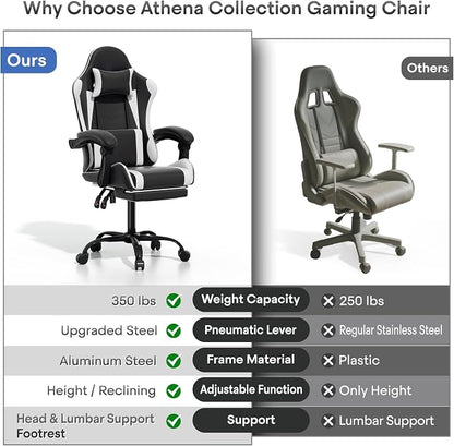 Athena Collection Ergonomic Gaming Chair with Footrest & Headrest Lumbar Support, Height Adjustable Swivel Office Chair Reclining Game Chair High Back Computer Chair for Adults, White