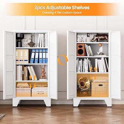 Metal White Storage Cabinet with 2 Doors and 3 Adjustable Shelves, 47.3" Tall Kitchen Pantry cabinets, Modern Food Pantry Cabinet,4 Tier Freestanding Framed Panel Door Cupboard for Kitchen Dining Room