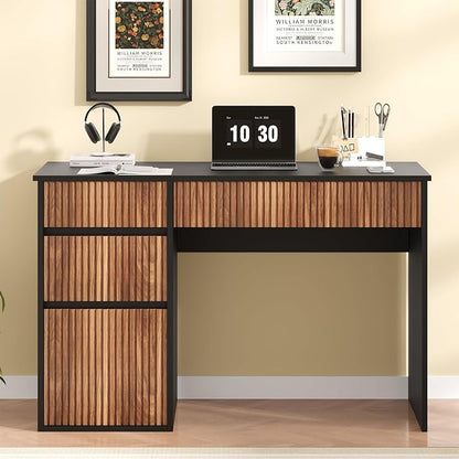 4 EVER WINNER Computer Desk with Drawers, 48 Inch Fluted Small Desk with Storage for Small Spaces, Wood Home Office Desk for Study, Living Room, Bedroom, Black