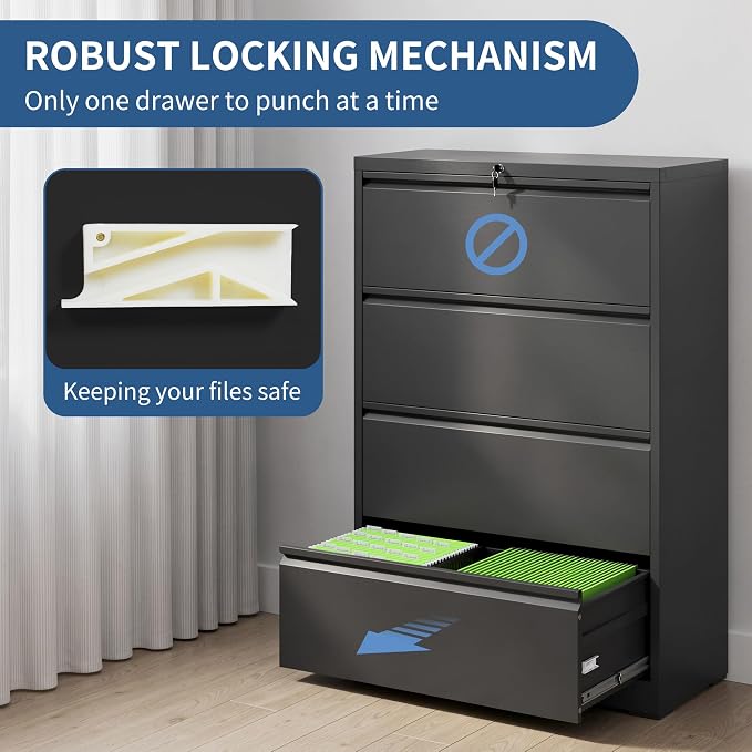 4 Drawer File Cabinet with Lock, Black Metal Lateral Filing Cabinets for Home Office, Heavy Duty Steel Horizontal Locking Storage Cabinet for Legal/Letter/A4 Size File, Assembly Required