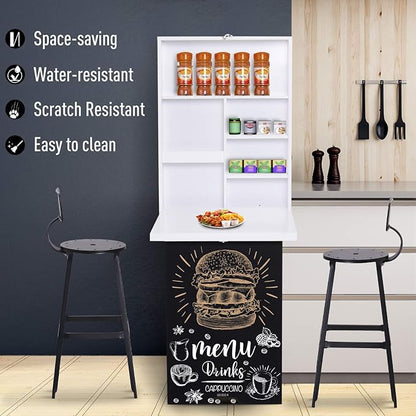 Foldable Wall Mounted Desk with Storage Shelves, Fold Out Convertible Computer Table with Blackboard, Folding Writing Table Workstation for Small Spaces,Home Office (White-a)