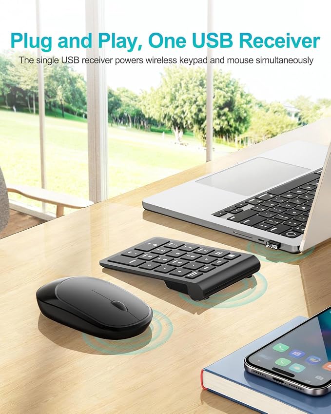 Lekvey Wireless Number Pad, Numeric Pad and Mouse Combo, Portable Slim 2.4GHz USB Wireless 10 Key Numpad Keypad for Laptop, Mac, Notebook, Desktop, PC Computer - Black