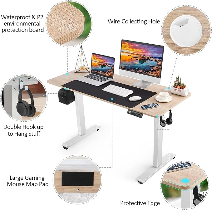 Electric Standing Adjustable Height Desk,55'' x 24'' Stand up Desk with Double Hooks and Wheels, 27''-45'' Lifting Range Computer Workstations(Oak)