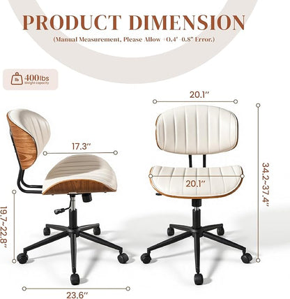 Home Office Desk Chair with Wheels, Adjustable Height Armless Desk Chairs, PU Leather Mid Back 360° Small Computer Chair for Study Meeting Makeup Room (White Stripe)