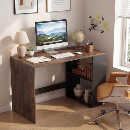 Tangkula Computer Desk, 44" Home Office Desk with 2-Tier Bookshelf, Study Writing Desk, Wooden Laptop Desk for Small Space, PC Workstation for Bedroom & Living Room (Rustic Brown & Black)