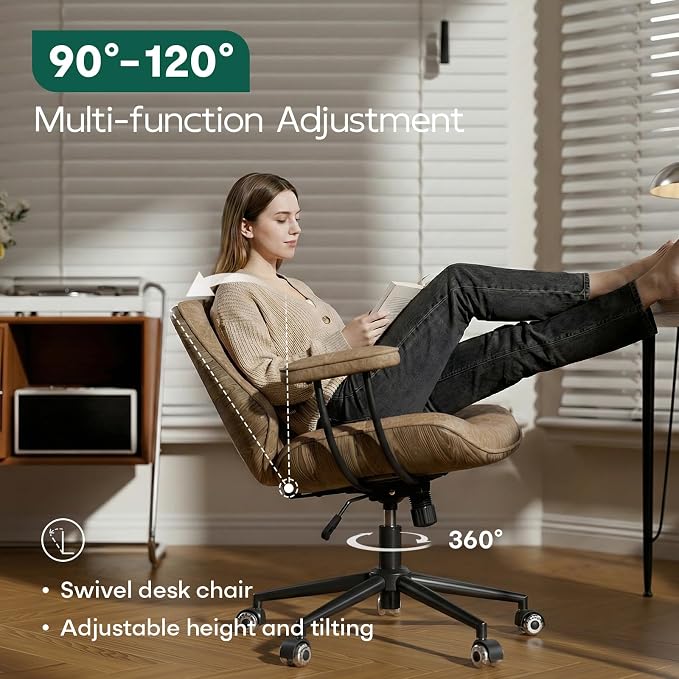 Office Desk Chair with Rubber Casters and Padded Arms, Premium Camel Brown Faux Leather Computer Chair, Height Adjustable Vintage Rolling Swivel Executive Task Chair for Home Office