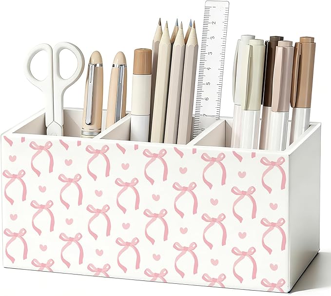 Pink Bow Pen Pencil Holder for Desk Decor, Girly Office Decor, Preppy Pink Bow Aesthetic Wooden Box Sign Decorations for Girly Room Bedroom Dorm Office Desk Tabletop