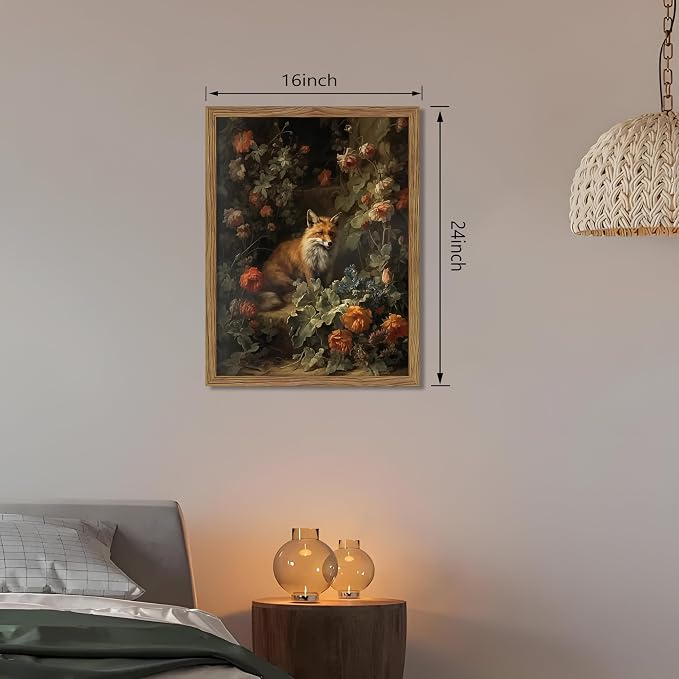 Vintage Fox Canvas Wall Art, Dark Academia Floral Decor, Nature Botanical Animal Painting, Farmhouse Fox Picture Print, Aesthetic Wall Decor for Living Room Bedroom 16x24 inch Wood Framed