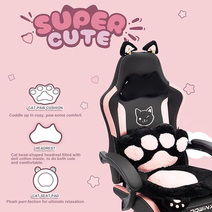 Dowinx Pink Gaming Chair with Cat Ears and Massage Lumbar Support, Ergonomic Computer Chair with Footrest and Headrest, Comfortable Reclining Game Chair 292lbs for Adults, Black