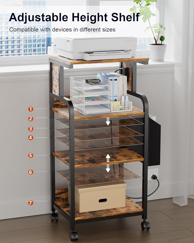 Tall Printer Stand with Storage Adjustable Shelf and Bag, 4-Tier Large Printer Table with Charging Station for Home Office, Printers Cart with Wheels for 3D Shredder Scanner Fax (Retro Brown)