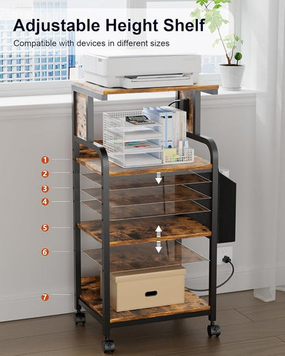 Tall Printer Stand with Storage Adjustable Shelf and Bag, 4-Tier Large Printer Table with Charging Station for Home Office, Printers Cart with Wheels for 3D Shredder Scanner Fax (Retro Brown)