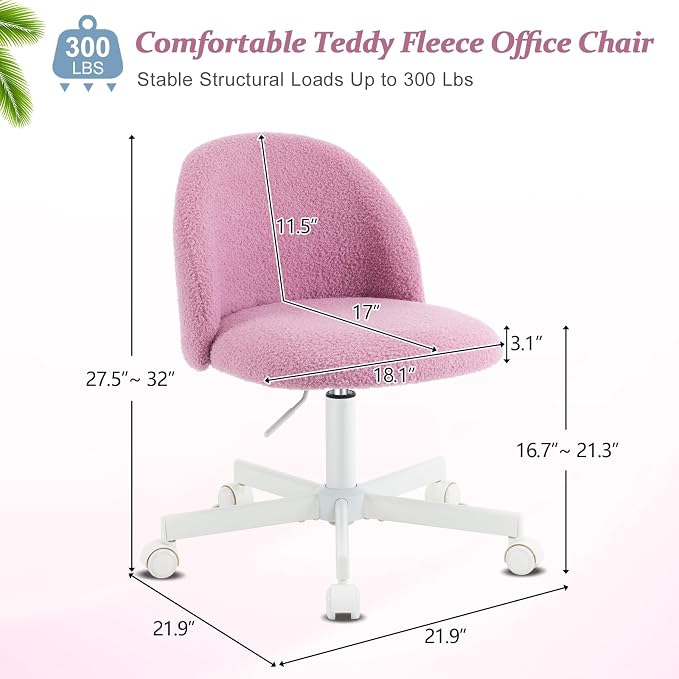 VINGLI Candy Chair Armless Cute Desk Chair,Comfy Small Office Chair with Wheels,Vanity Chair Lumbar Support,Teddy Adjustable Rolling Swivel Computer Task Chair for Home Office,Bedroom,Lilac Purple