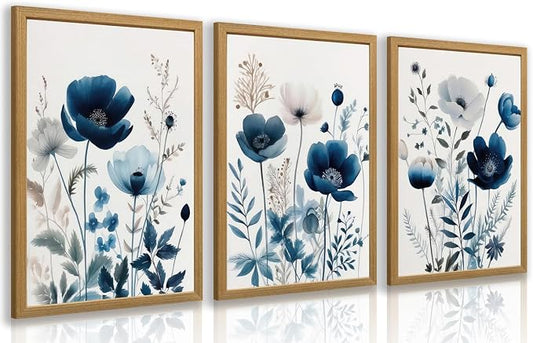 LLEEMPI Navy Blue Floral Wall Art Set of 3, Modern Wildflower Wall Decor, Watercolor Botanical Canvas Paintings, Classic Minimalist Poster Prints for Bedroom Bathroom Office Wood Framed 12x16 Inch