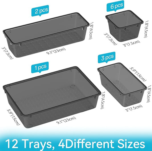 ElegantArray 12-Piece Drawer Organizer Set, 4 Sizes Versatile Plastic Vanity Organizer for Makeup, Stationery, Gadgets, in Kitchen, Bathroom, Office, and Bedroom, Black