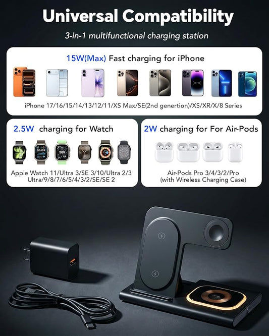 3 in 1 Charging Station for iPhone 17 - Wireless Charger for Apple Devices for iPhone 17 16 15 14 13 12 11 Pro Max - Foldable Wireless Charging Station Dock Stand for Apple Watch Series & AirPods