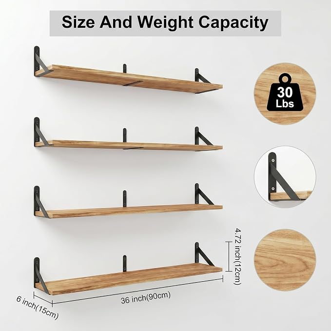 Long Wall Shelf,Large Floating Shelves for Wall,Wood Floating Bookshelves Hanging,Book Storage Display for Living Room Bedroom Office Bathroom Decor,4 Pack,36 Inch,Carbonized Black