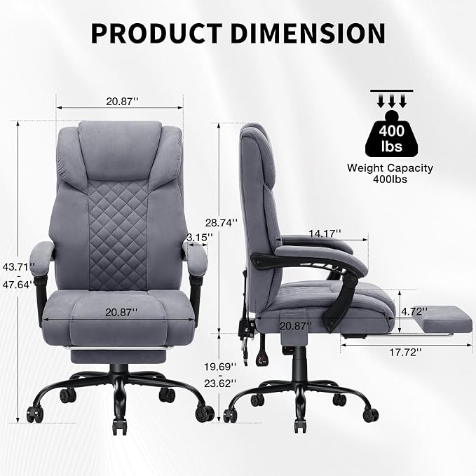 HOFFREE 400lbs Massage Office Chair with Foot Rest 6 Points Vibration Ergonomic Executive Office Chair Reclining High Back Computer Desk Chairs Grey Fabric