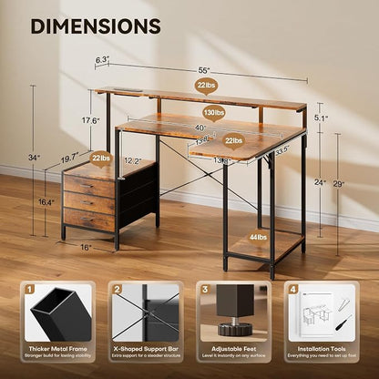HLDIRECT 55 Inch Computer Desk for Home Office, Gaming Computer Desk with Printer Shelf, Storage Drawers, Power Outlets, Monitor Stand & LED Strip, Foldable L Shaped Gaming Table (Rustic Brown)
