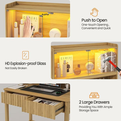 Lvifur 31.5" Small Study Desk with - Drawer & Hutch,Computer Desk with Charging Station,Compact Writing Desks with LED Reading Lights,Home Office Desks for Small Spaces,Bedroom Study Room,Natural