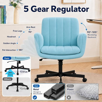 Criss Cross Office Chair with Wheels and Arms, Vanity Chair with Back, Comfy Swivel Cross Legged Office Chairs for Ultimate Comfort and Support, Unique Multifunctional Stylish Arms (Fabric Green)