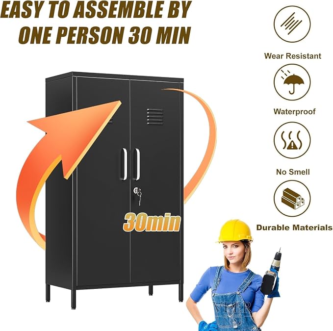 erosoei 47.24" H Metal Locker Storage Cabinet, Office Locker with 3 Adjustable Shelves, Steel Cabinet with 2 Doors, High Leg Organizer for Home Office, Kitchen, Living Room, Bedroom and Bathroom.