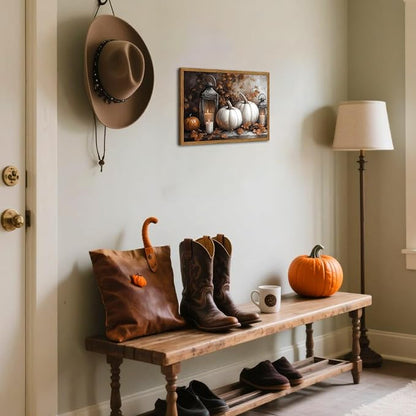 Framed Vintage Fall Pumpkin Canvas Wall Art, Rustic Farmhouse Autumn Paintings Wall Decor, Thanksgiving Pumpkins Pictures Prints Aesthetic Home Decor for Living Room Kitchen Office 12×16 inch