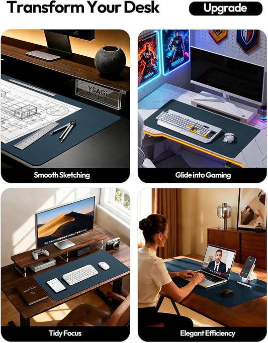 YSAGi Leather Desk Pad Protector, Office Desk Mat, Large Mouse Pad, Non-Slip PU Leather Desk Blotter, Laptop Desk Pad, Waterproof Desk Writing Pad for Office and Home (Dark Blue, 47" x 17")