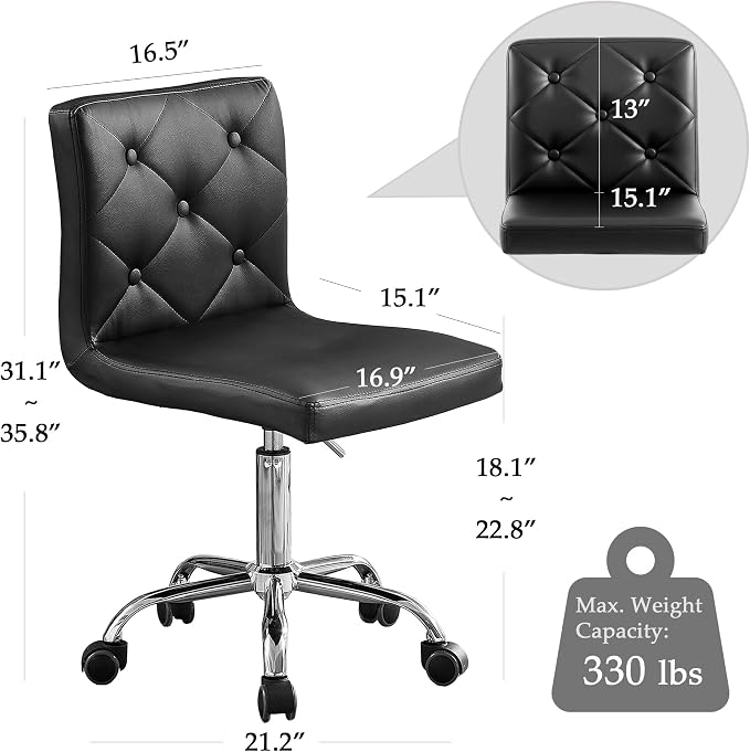 VECELO PU Leather Mid-Back Armless Vanity Chair Adjustable Height 360° Rolling Swivel for Home Office Work