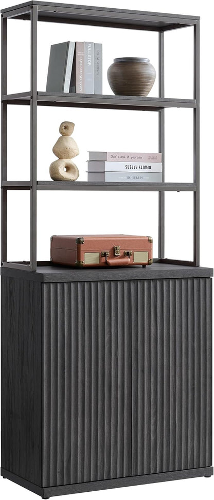 SICOTAS Fluted Book Shelf with Doors - 75" Tall Bookshelf with Storage 6 Tier Large Bookcase with Bottom Cabinet - Modern Metal Book Case for Living Room, Home Office, Kitchen and Library, 1 Piece
