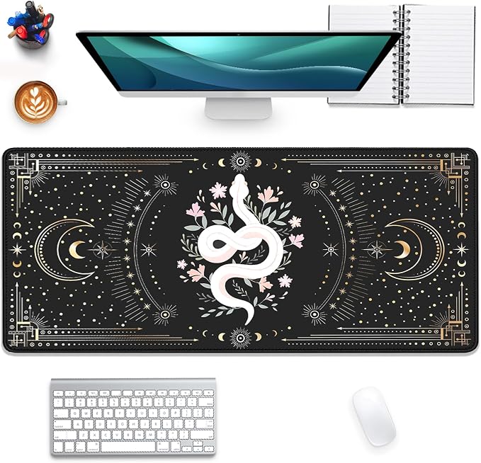 Mysterious Starry Sky Moon and White Snake Pattern Large Extended Gaming Mouse Pad E-Sports Office Desk Mat Keyboard Pad Rubber Non-Slip Computer Mouse Mat Suitable for Home Office Work(27.5X11.8 in)