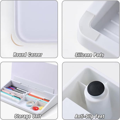 SELEAD Desktop Glass Whiteboard with Storage, Small Dry Erase White Board Computer Pad Keyboard Stand for Home, School, Office Desk Accessories - White
