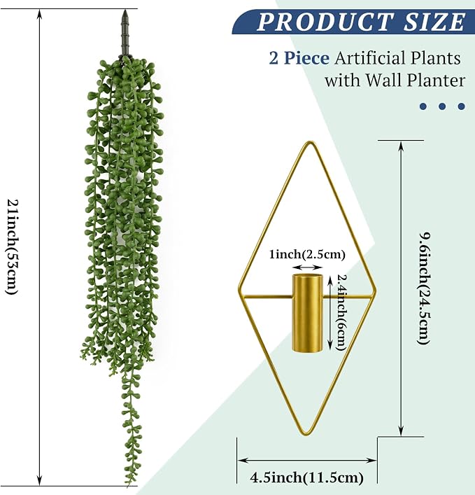 2 Pack Artificial Hanging Plants with Geometric Metal Wall Planter, Faux String of Pearls Hanging Plant, Fake Succulent Vine Potted Plant for Wall Decor, Indoor Outdoor Home Office Garden Patio Decor