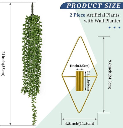 2 Pack Artificial Hanging Plants with Geometric Metal Wall Planter, Faux String of Pearls Hanging Plant, Fake Succulent Vine Potted Plant for Wall Decor, Indoor Outdoor Home Office Garden Patio Decor