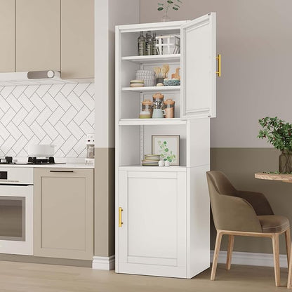 pozdeg 67" Tall Narrow Storage Cabinet, Metal Bathroom Cabinet with 2 Doors & 4 Adjustable Shelves, Freestanding Slim Pantry Organizer for Bathroom Kitchen Living Room (White)