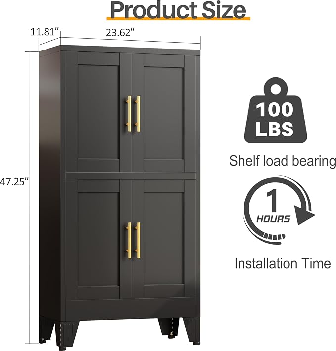 47“H Black Metal Bathroom Storage Cabinet, Kitchen Pantry Cabinet with Doors and 3 Adjustable Shelves, Bathroom cabinets Organizer, for Home Office, Bedroom