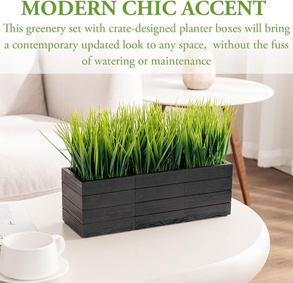 MyGift Artificial Green Grass Plants in Vintage Black Wood 4 Inch Planter Boxes, Faux Greenery in Decorative Square Crate Style Wooden Containers, Set of 3
