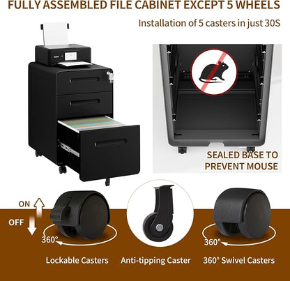 3 Drawer File Cabinet with Lock and 4 Keys, Mobile Metal Filing Cabinet, File Cabinets for Home Office, Under Desk, Pre-Assembly, File Drawer, Letter/Legal/A4 Hanging File Folders