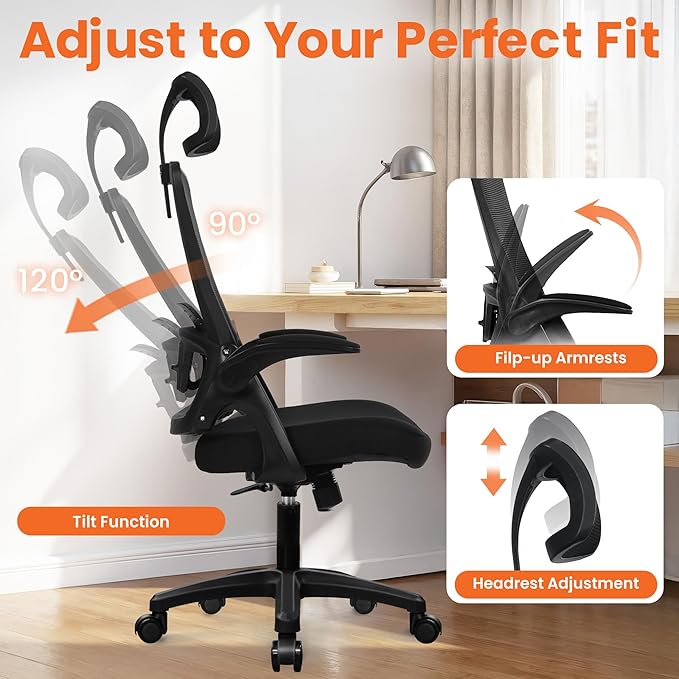 NEO CHAIR Office Desk Chair Gaming Computer High Back Support Mesh Comfy Seat with Adjustable Ergonomic Headrest Lumbar Rolling Flip-up Armrests and Wheels (Black)