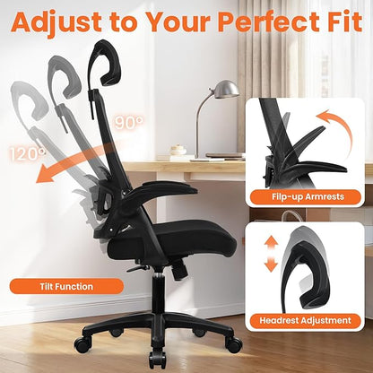 NEO CHAIR Office Desk Chair Gaming Computer High Back Support Mesh Comfy Seat with Adjustable Ergonomic Headrest Lumbar Rolling Flip-up Armrests and Wheels (Black)