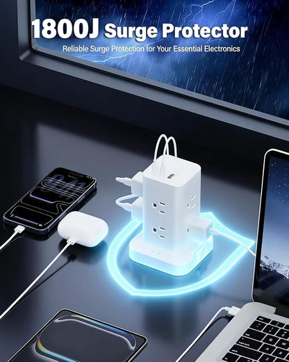 2 Pack Power Strip Tower with Surge Protector 1800J, Fast Charging Tower PD20W USB-C Ports with 8 AC Outlets, 6ft Extension Cord for Home Office Dorm Room, White