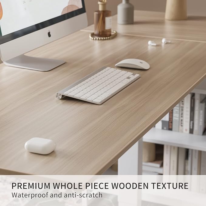 FEZIBO 66 Inches L Shaped Standing Desk with Drawers & Shelves, Executive Desk Adjustable Height Desk, Light Walnut Top/White Frame