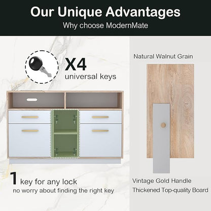 ModernMate 4 Drawer File Cabinet, Wood Filing Cabinet for Home Office with Lock, Power Strip, Storage Shelves, Home Office Lateral File Storage Fits Legal/Letter Size, Light Walnut