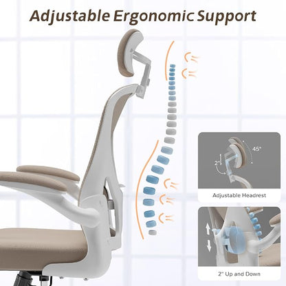 Ergonomic Office Chair with Adjustable Flip-Up Armrests & Lumbar Support - Thickened Cushion Desk Chair with Wheels, Comfy Home Office Computer Chair