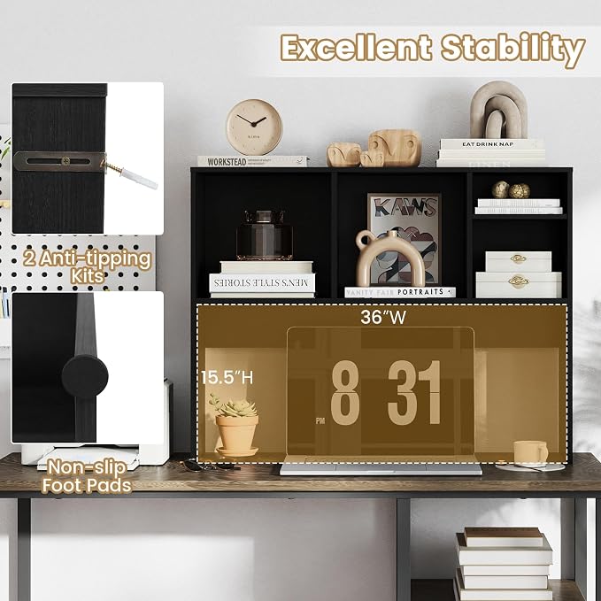 LDAILY Desktop Bookshelf, 2-Tier Office Desk Shelf Organizer Desk Hutch with 4 Shelves, 37’’L Wood Storage Rack Display Shelf for Computer Desk, Office, College Dorm, Bedroom (Black)