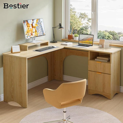 Bestier L Shaped Desk with File Drawer, 55.7" x 55" Office Computer Desk with Round Corners, Modern Desk with Monitor Stand & Fluted Panels for Home Office, Natural Oak