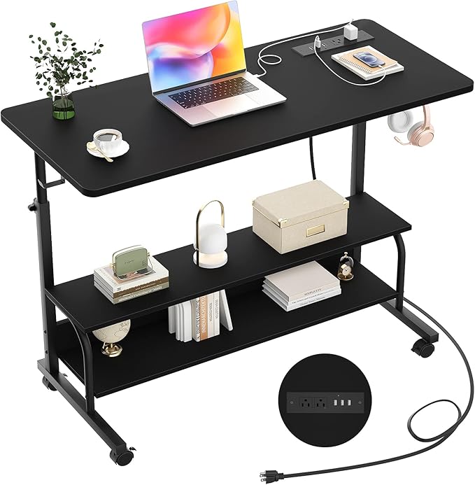 Armocity Rolling Standing Desk with Charging Station, Portable Height Adjustable Mobile Computer Desk with Wheels & 2-Tier Shelves & Hooks, Easy Assembly Laptop Table for Couch Bed, 39" Black