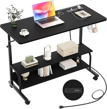 Armocity Rolling Standing Desk with Charging Station, Portable Height Adjustable Mobile Computer Desk with Wheels & 2-Tier Shelves & Hooks, Easy Assembly Laptop Table for Couch Bed, 39" Black