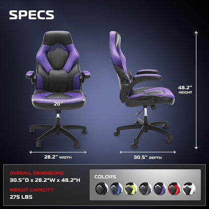 RESPAWN 3085 Ergonomic Gaming Chair for Adults, High Back Office Chair with Headrest and Flip Up Arms, Leather Racing Style Gaming Seat with Lumbar Support, Video Game Computer Desk Seat - Purple