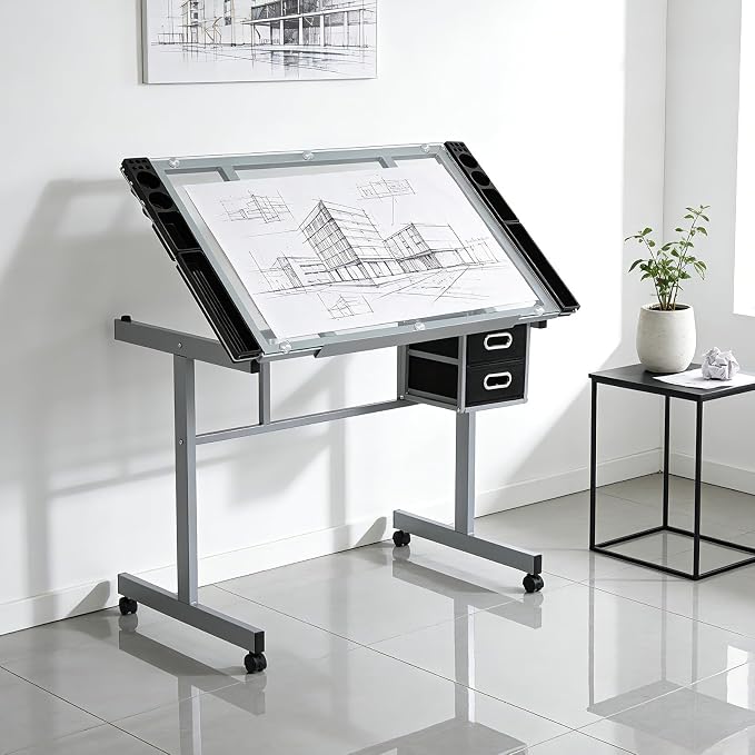 Magshion Professional Drafting Table for Adults Teens, Tilting Glass Tabletop Art Craft Desk Diamond Watercolor Paintings Sketching Work Station for Home Office Reading, Writing, Crafting (Clear)